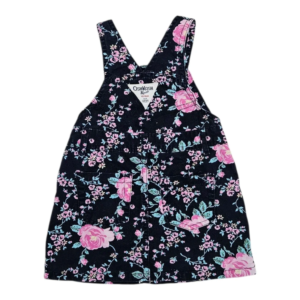 OshKosh B'gosh Girls Floral Overall Dress Jumper 18 Months Vestbak Navy Pink